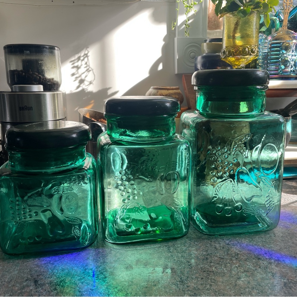 Set of  3 turquoise teal Glass Jars with Wood Lids
